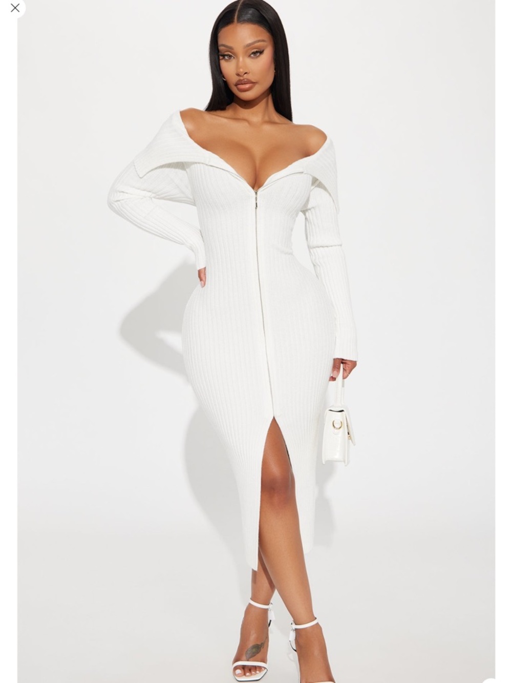 Off-Shoulder White Ribbed Zip-Front Midi Dress